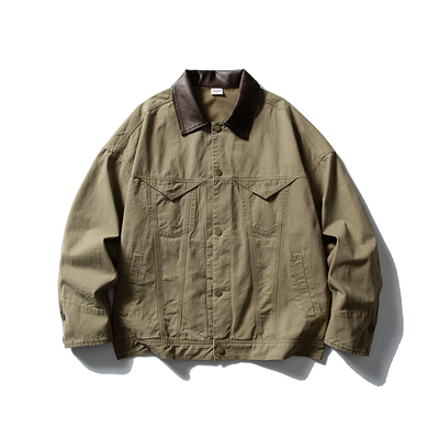 2025美式复古巴恩风做旧皮领夹克男女boxy短款百搭工装牛仔外套