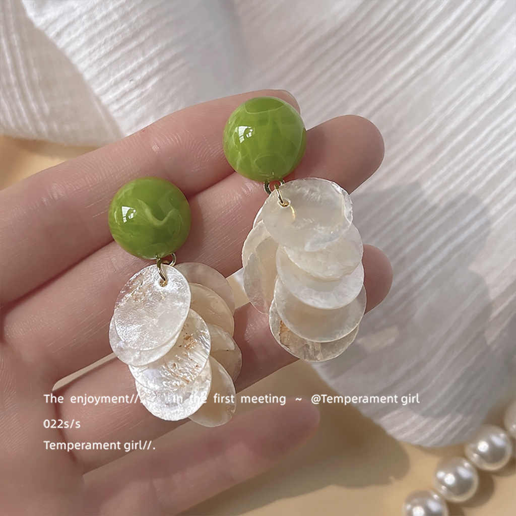 夏日新款~森系清新天然贝壳925银针手作设计感耳饰 绿色耳环