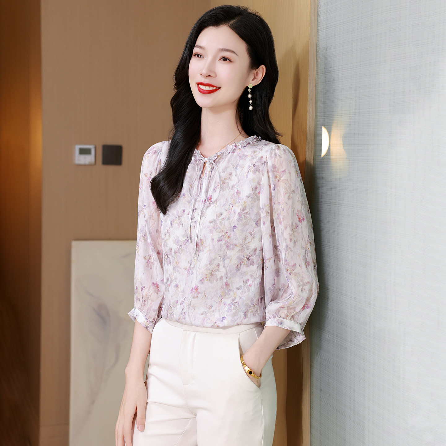 淑女风花边领真丝衬衫女2026夏季新款桑蚕丝印花气质显瘦上衣