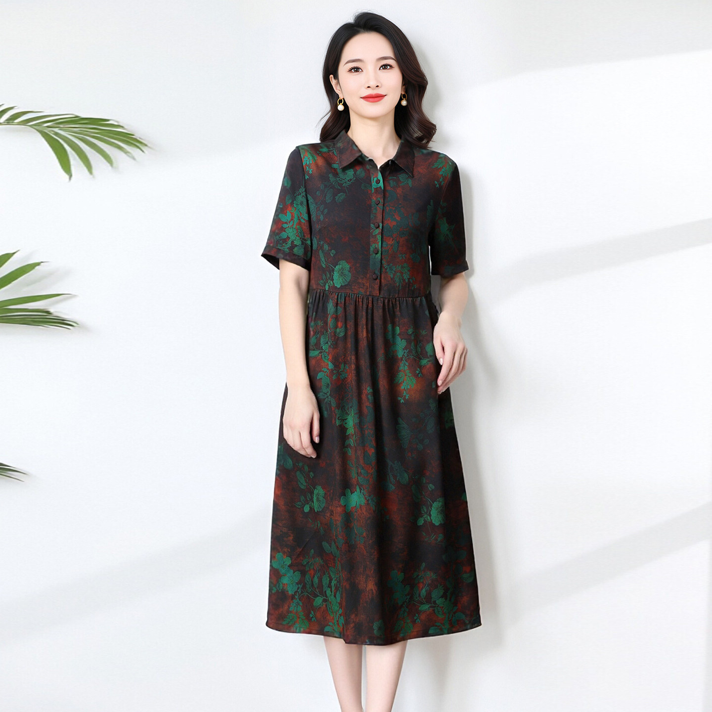 真丝印花连衣裙女中长款收腰妈妈装2026夏季新款气质桑蚕丝裙子