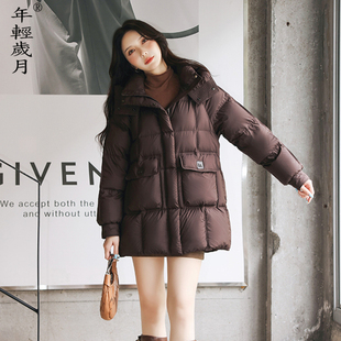 连帽加厚中长款羽绒服女2025冬新款韩版宽松一手长面包服保暖外套