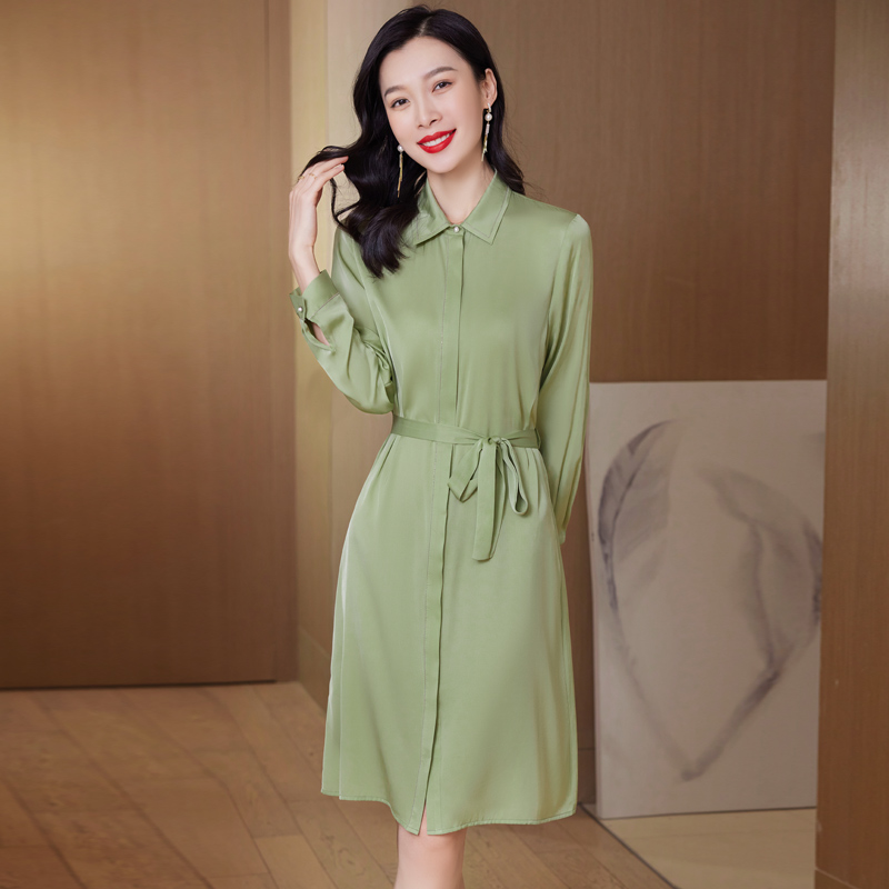 纯色真丝连衣裙女2023秋季新款中长款气质长袖系带高端桑蚕丝裙子