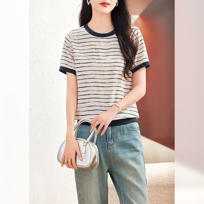真丝T恤女2026夏季新款短袖条纹撞色领高级感年轻款桑蚕丝上衣
