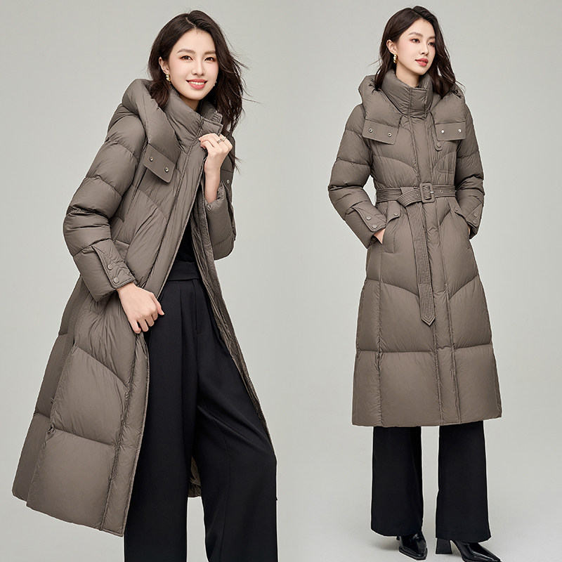 羽绒服女中长款2025冬季新款过膝修身连帽加厚90白鸭绒保暖外套