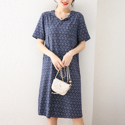 牛仔印花真丝连衣裙女