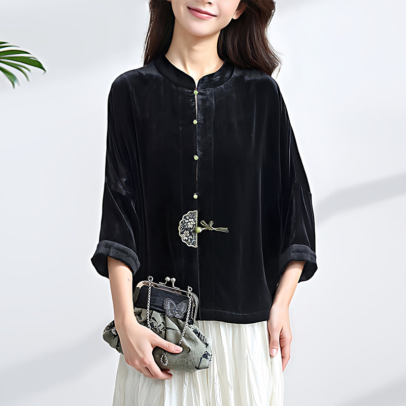 国风真丝丝绒上衣女2025秋新款桑蚕丝立领新中式复古休闲妈妈外套