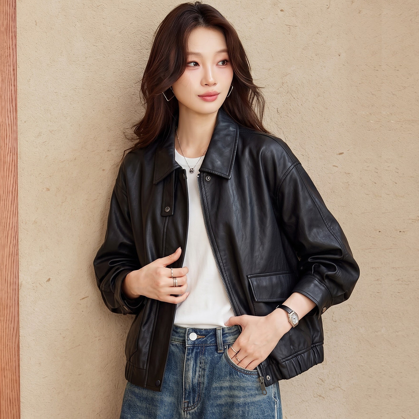 牛奶丝软皮韩版皮衣女2026秋季新款宽松翻领拉链外套时尚百搭