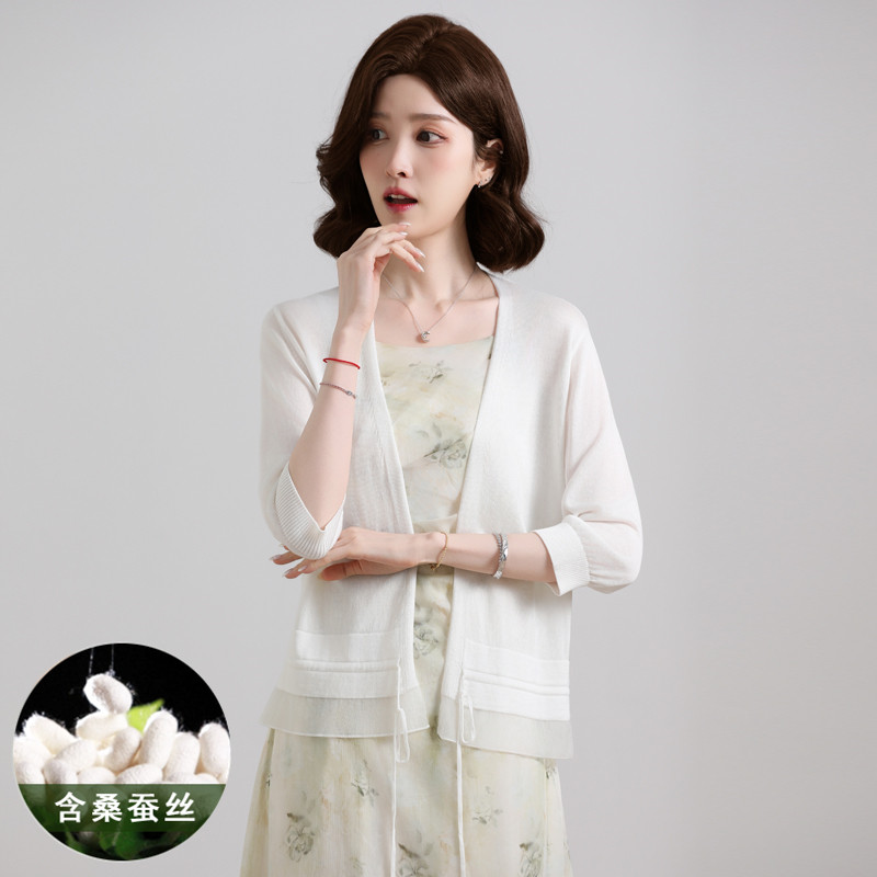 桑蚕丝针织开衫女薄款2026春夏新款白色防晒外搭披肩夏季配裙子