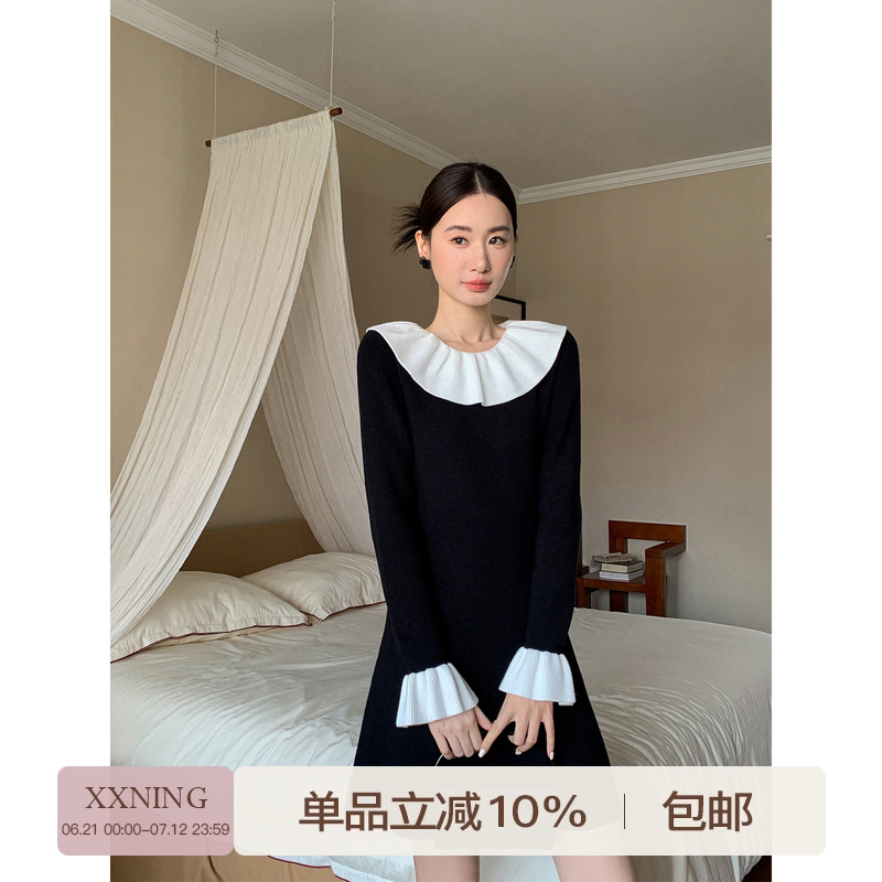 XXNING法式气质撞色毛织连衣裙