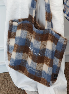 Heymen黑门 好温柔 原创设计厚款复古格子单肩包羊毛呢大容量布袋