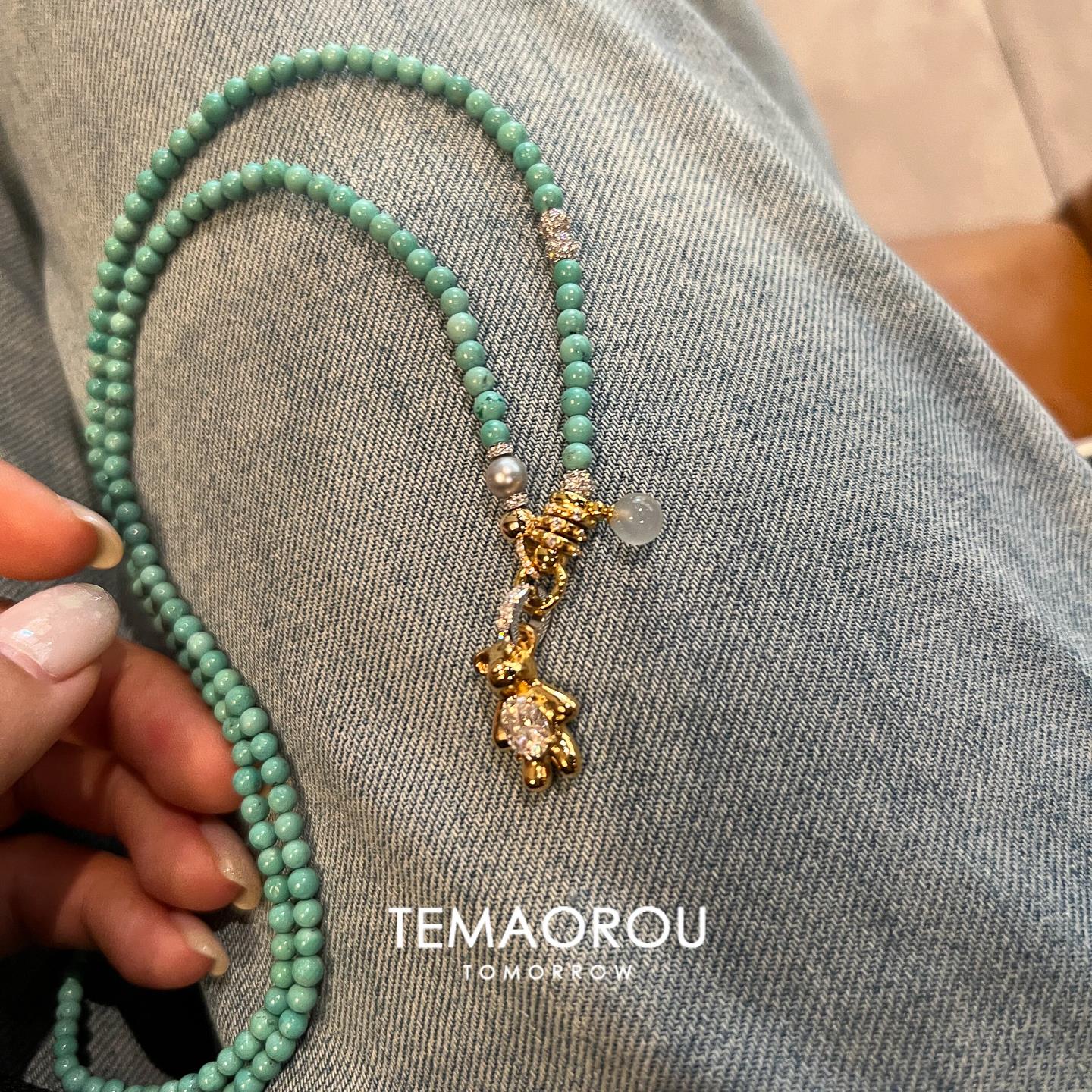 定制！绿松钻石小熊吊坠万能扣项链新中式小众设计毛衣链秋冬百搭