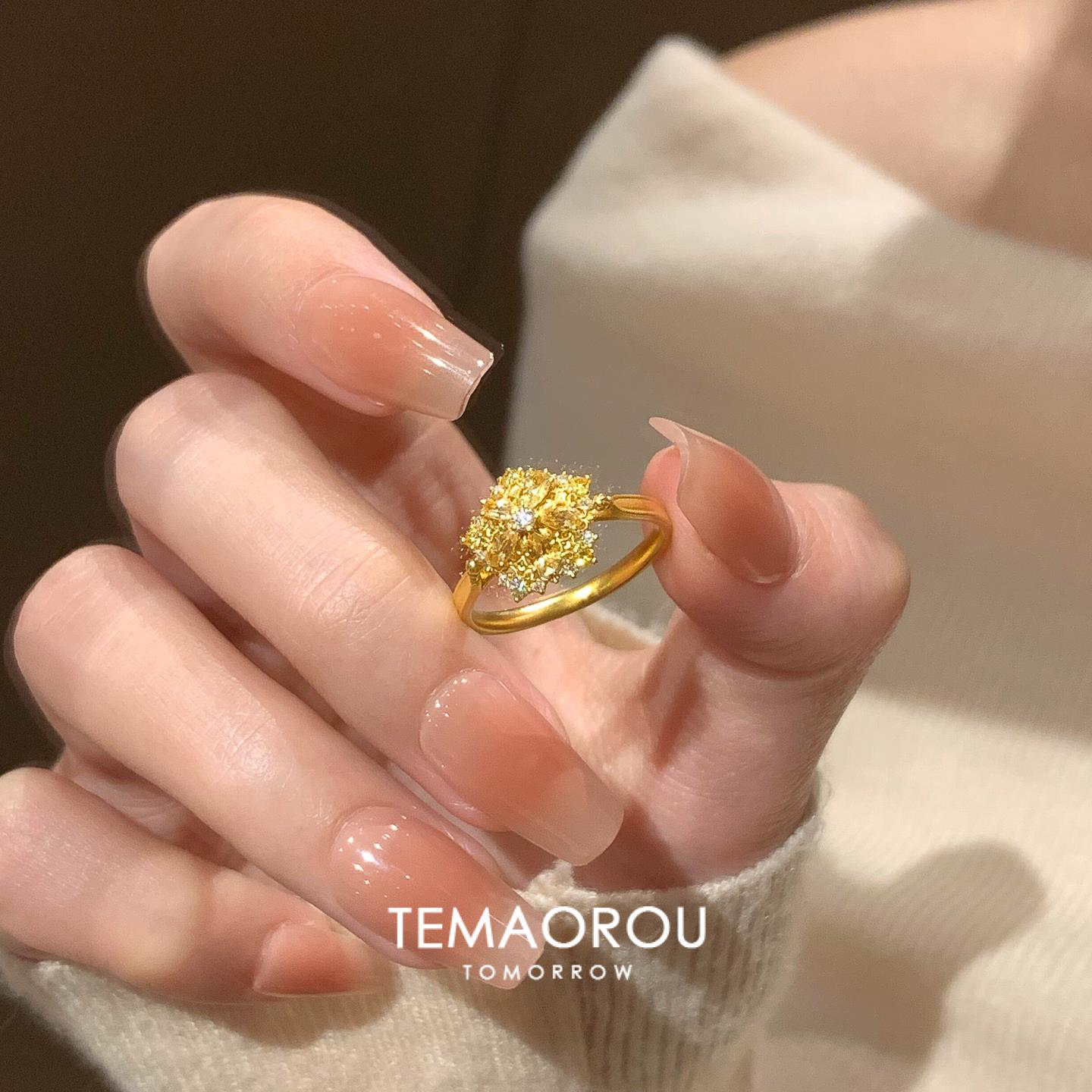 爆闪！小碎钻雪花金开口戒指女沙金不掉色食指戒开口指环小众设计