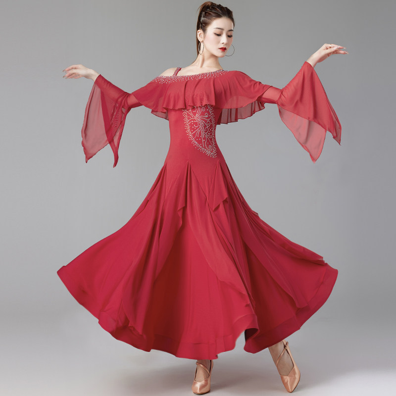 摩登舞裙新款国标华尔兹交谊际蹈专业比赛表演出服跳舞大摆连衣裙