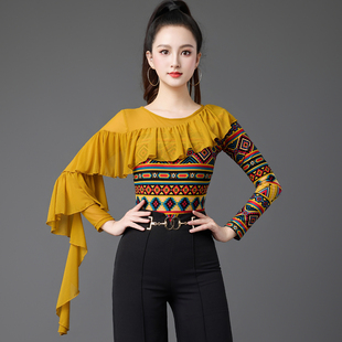 摩登舞上衣2026年秋冬练功服装拉丁华尔兹交际跳舞蹈印花连体长袖
