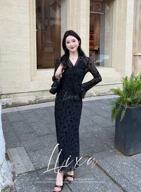 Liixu 高级感御姐风套装女性感纯欲黑色蕾丝上衣高腰半身裙两件套