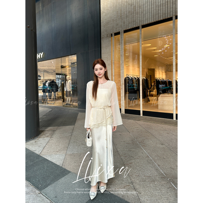 蕾丝拼接显瘦长袖罩衫裙子套装女