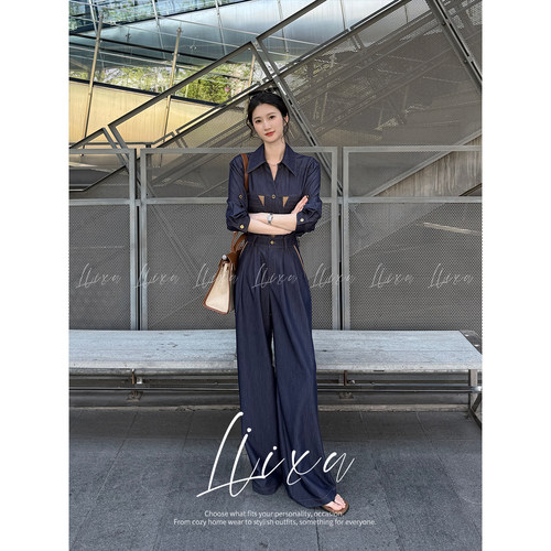 复古风牛仔套装休闲衬衫阔腿裤女