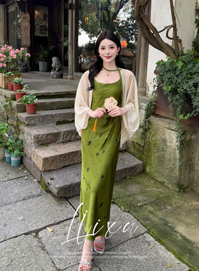 Liixu 夏季新中式国风绿色吊带连衣裙女爆款气质百搭长款显瘦裙子