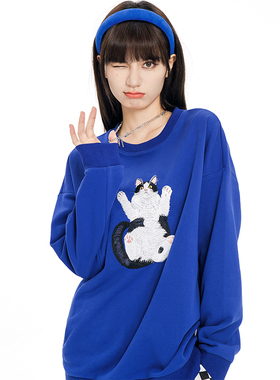 BKAL小猫咪圆领卫衣女全棉卡通重工刺绣2024年春秋款潮牌套头上衣