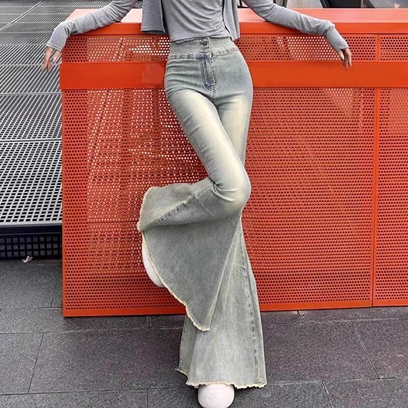 大喇叭鱼尾做旧黄泥色微喇牛仔裤女毛边辣妹学生设计紧身毛边长裤