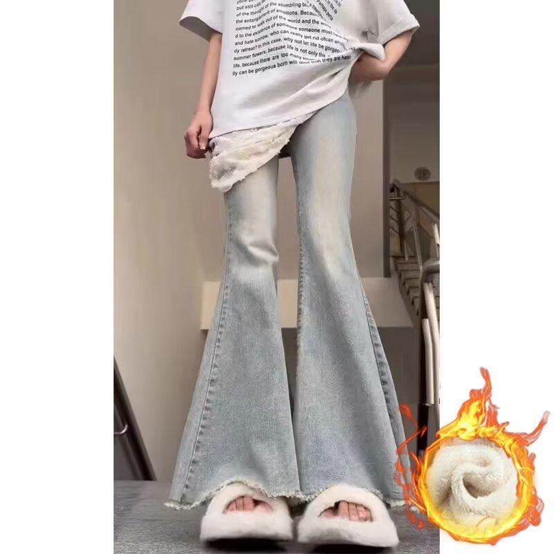 小个子复古水洗高腰大喇叭牛仔裤女秋冬新款微喇高个子阔脚拖地裤