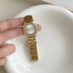 中古小金表显白高级轻奢小众复古多边形镶钻设计感通勤钢带手表女