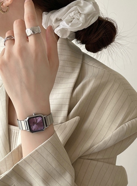 韩系紫色方形小表盘手表女简约时尚小众ins轻奢高级感竹节石英表