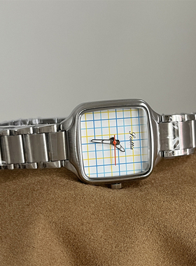 scottie 蓝格纹方形设计韩系ins风时尚高级感气质休闲百搭手表女