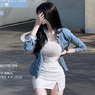 现货~韩国代购气质女人味收腰紧身简约翻领水洗牛仔衬衫外套