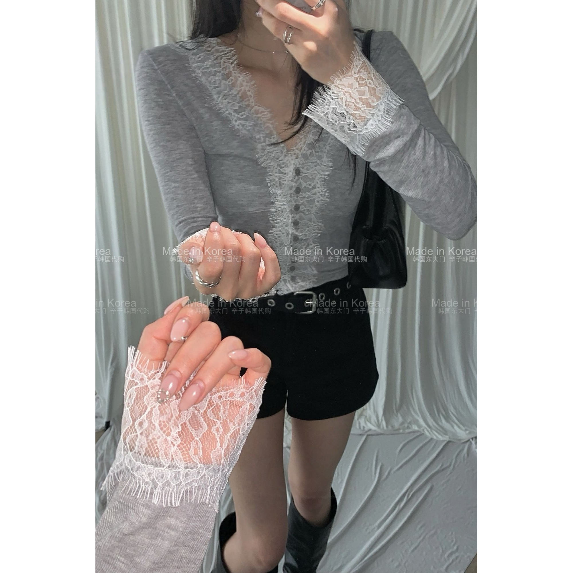 韩代甜美蕾丝V领显瘦针织打底