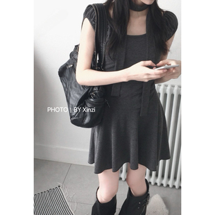 显瘦减龄百搭A字裙 连衣裙女收腰短袖 辛子韩国代购 韩系飘带修身