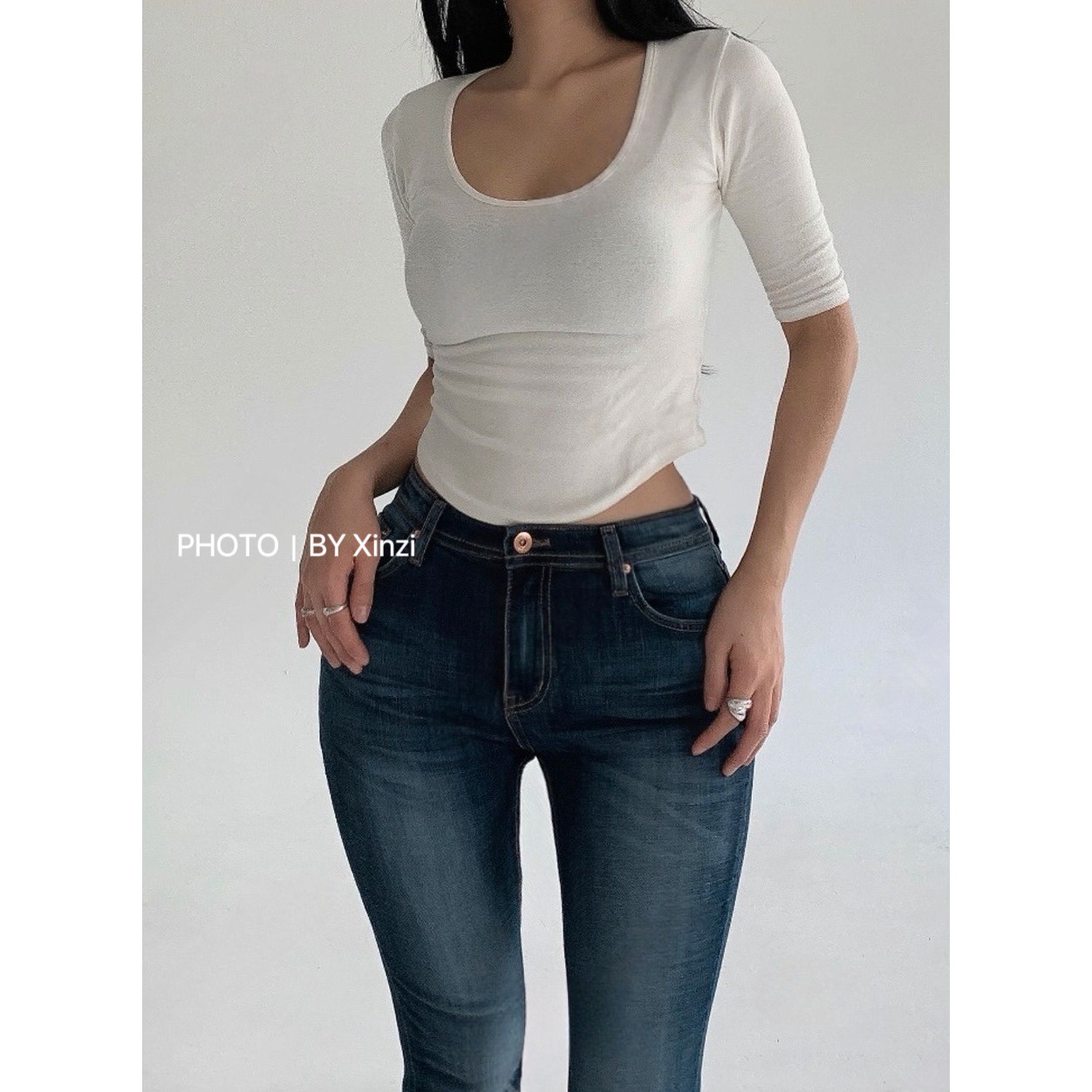 韩式修身U领长袖显瘦T恤女