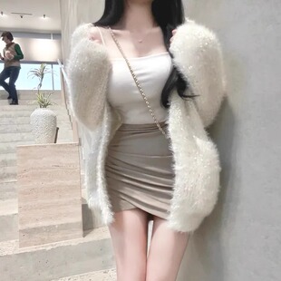 开衫 现货 毛毛针织衫 东大门秋冬亮片休闲慵懒宽松长袖 韩国代购