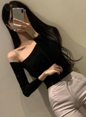 速发~韩国代购超级性感露肩纯色长袖打底衫2021显胸女人气质T恤