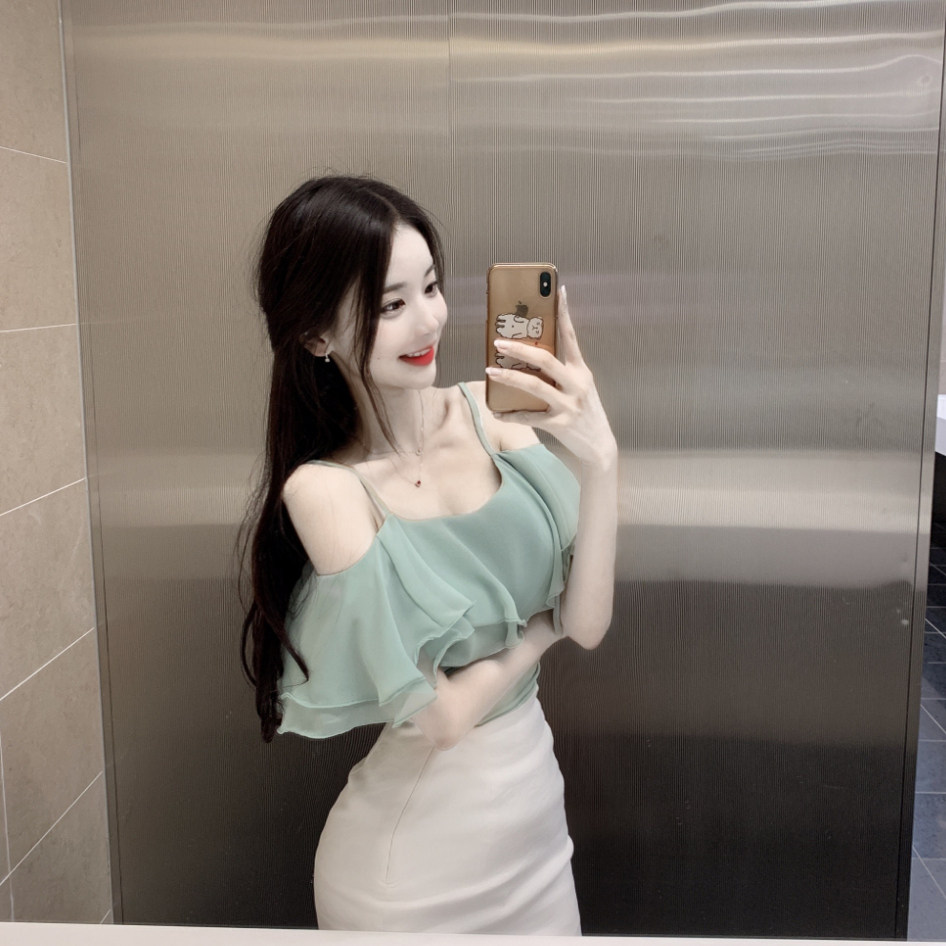 辛子韩国代购东大门新款性感一字肩荷叶边短款上衣女性感精致衬衣