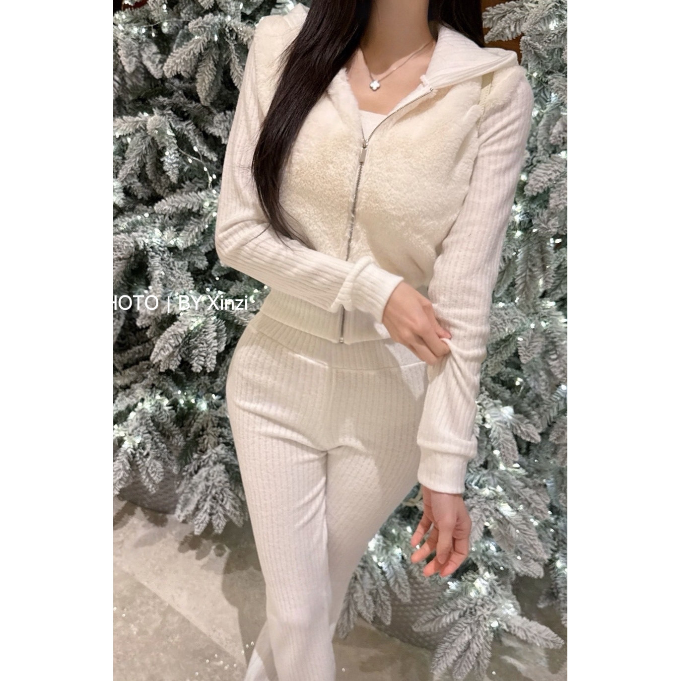 辣妹风连帽拉链针织开衫直筒裤女