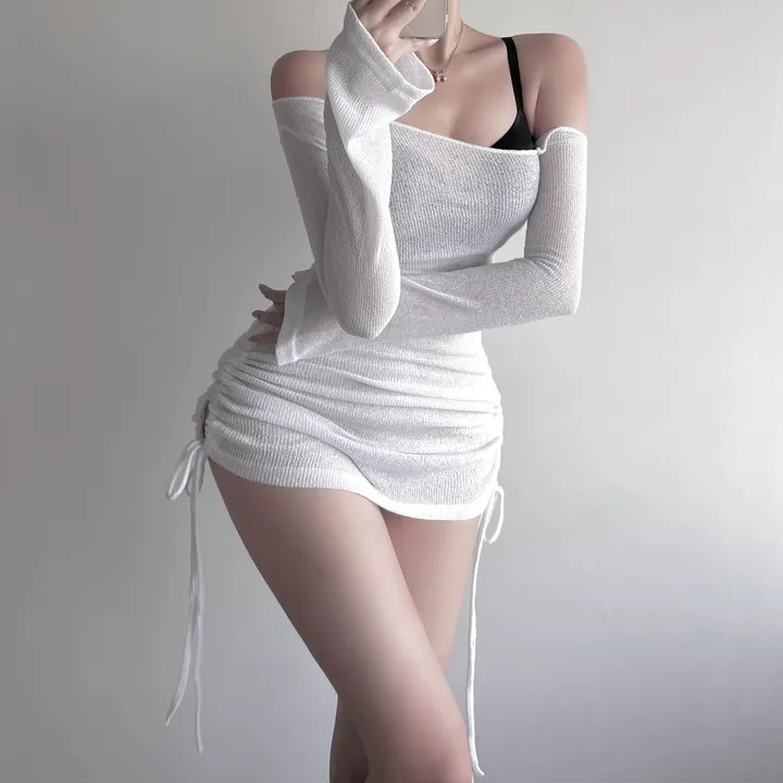 现货秒发~辛子韩国代购针织衫露肩拉绳性感女人味微透中长套头衫