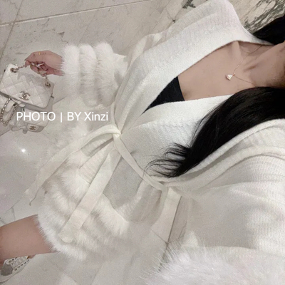 温柔慵懒风白色V领系带针织开衫