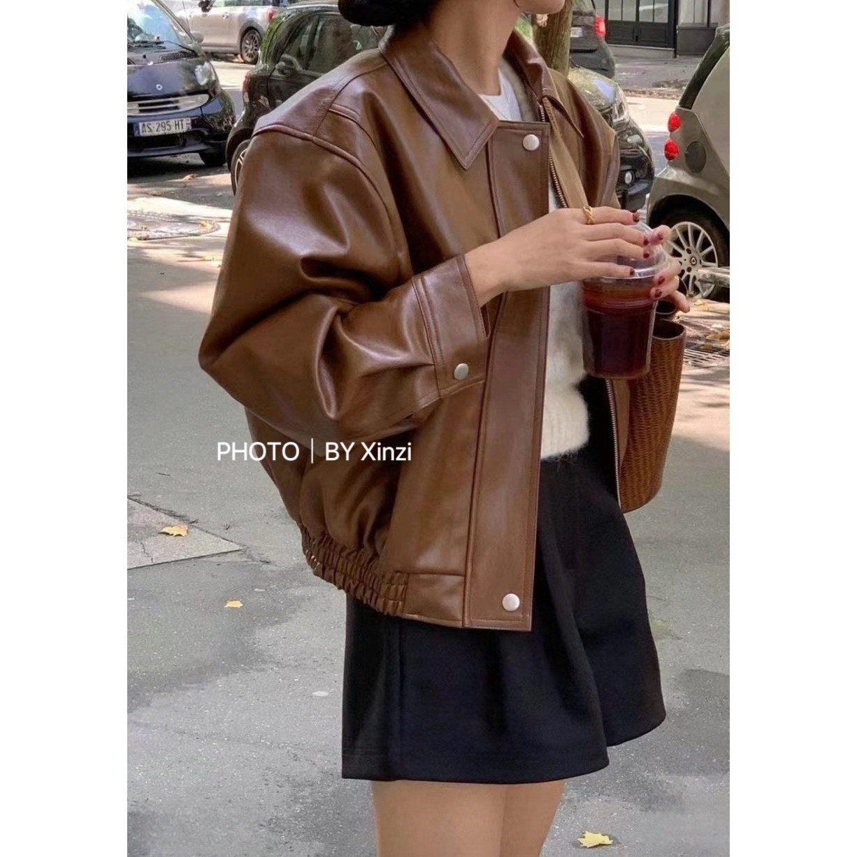 韩国代购翻领长袖皮衣外套女