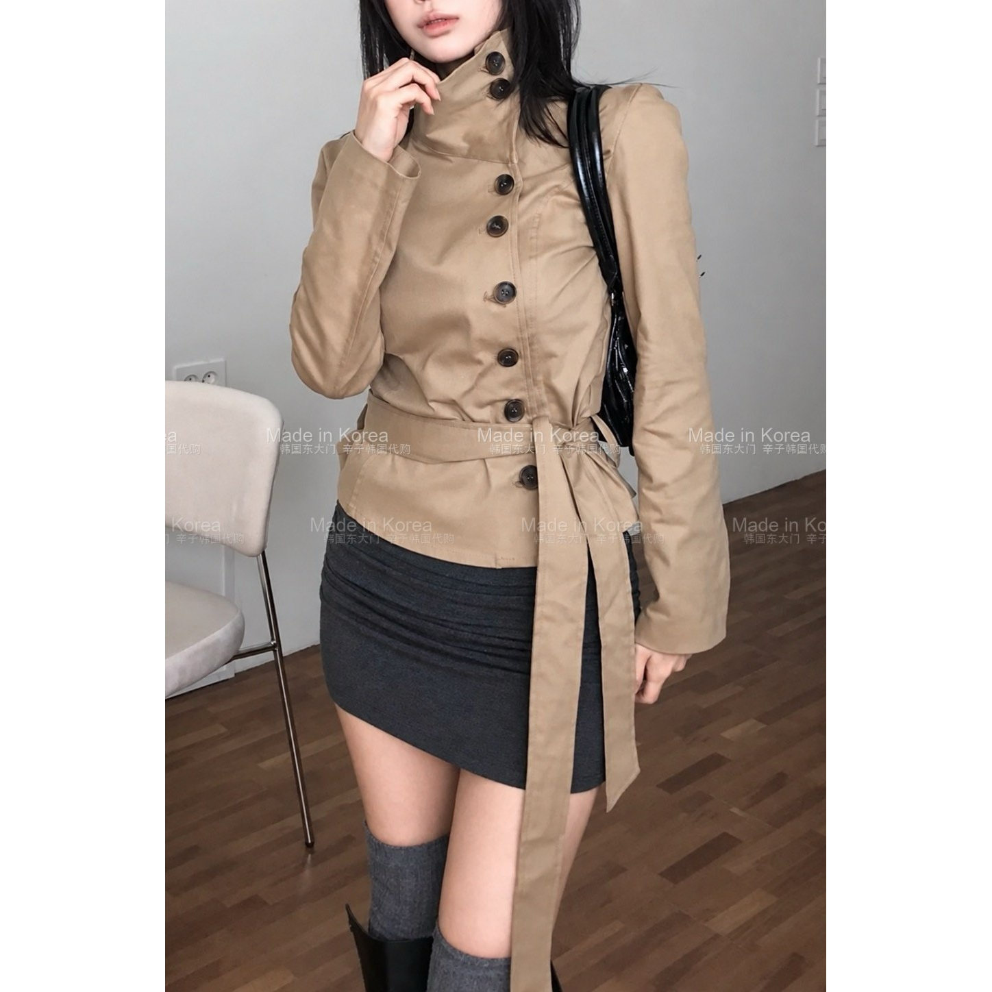 韩系立领斜扣收腰工装短外套女