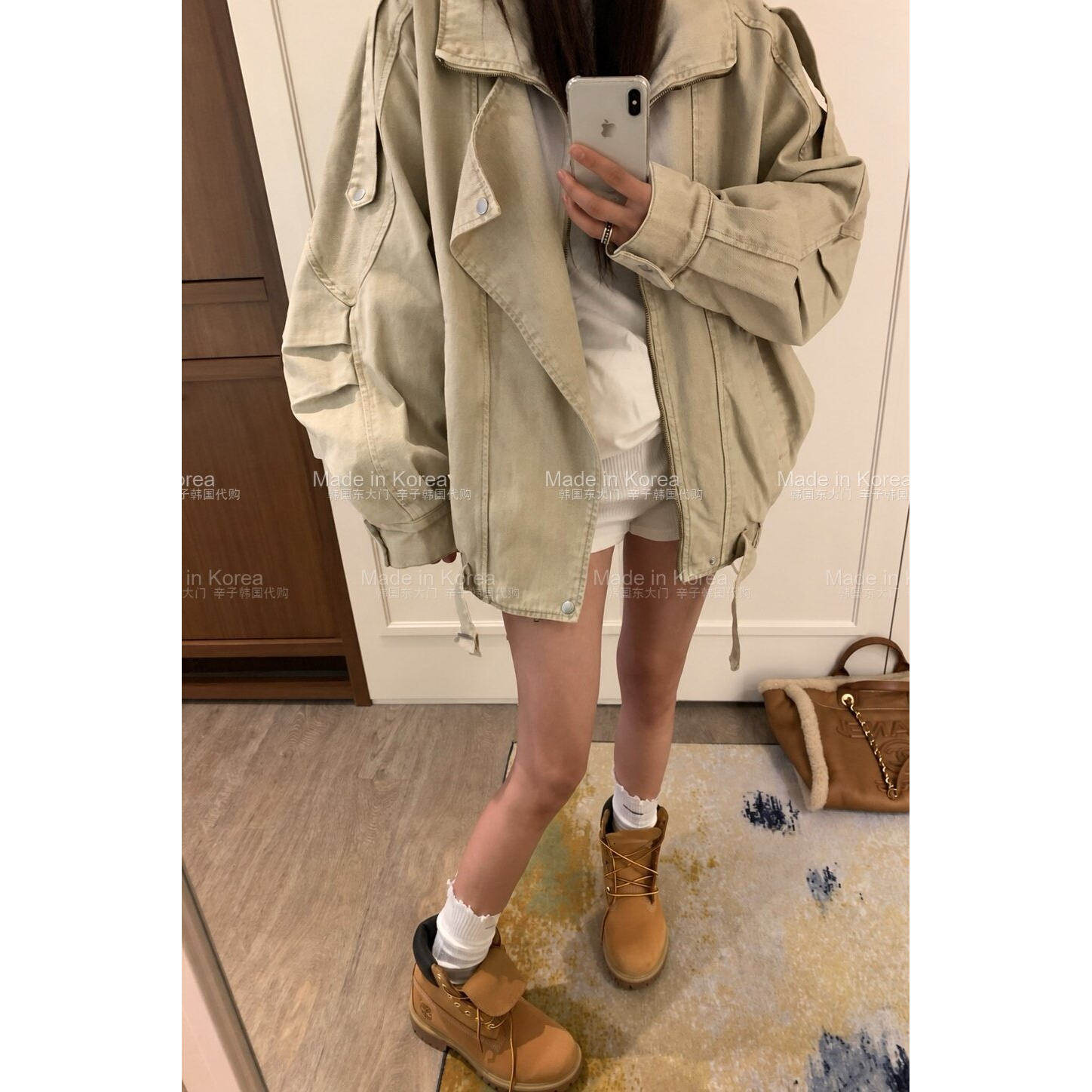 韩系立领工装牛仔短外套女做旧
