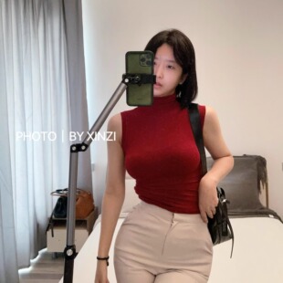 辛子韩国代购东大门高领背心三色修身显瘦弹力上衣打底衫无袖背心
