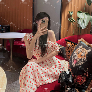 辛子韩国代购红色波点高级感气质连衣裙荷叶边度假风长裙系带收腰