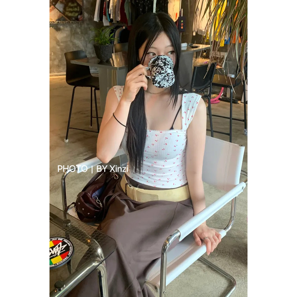 夏季纯欲辣妹方领碎花吊带背心
