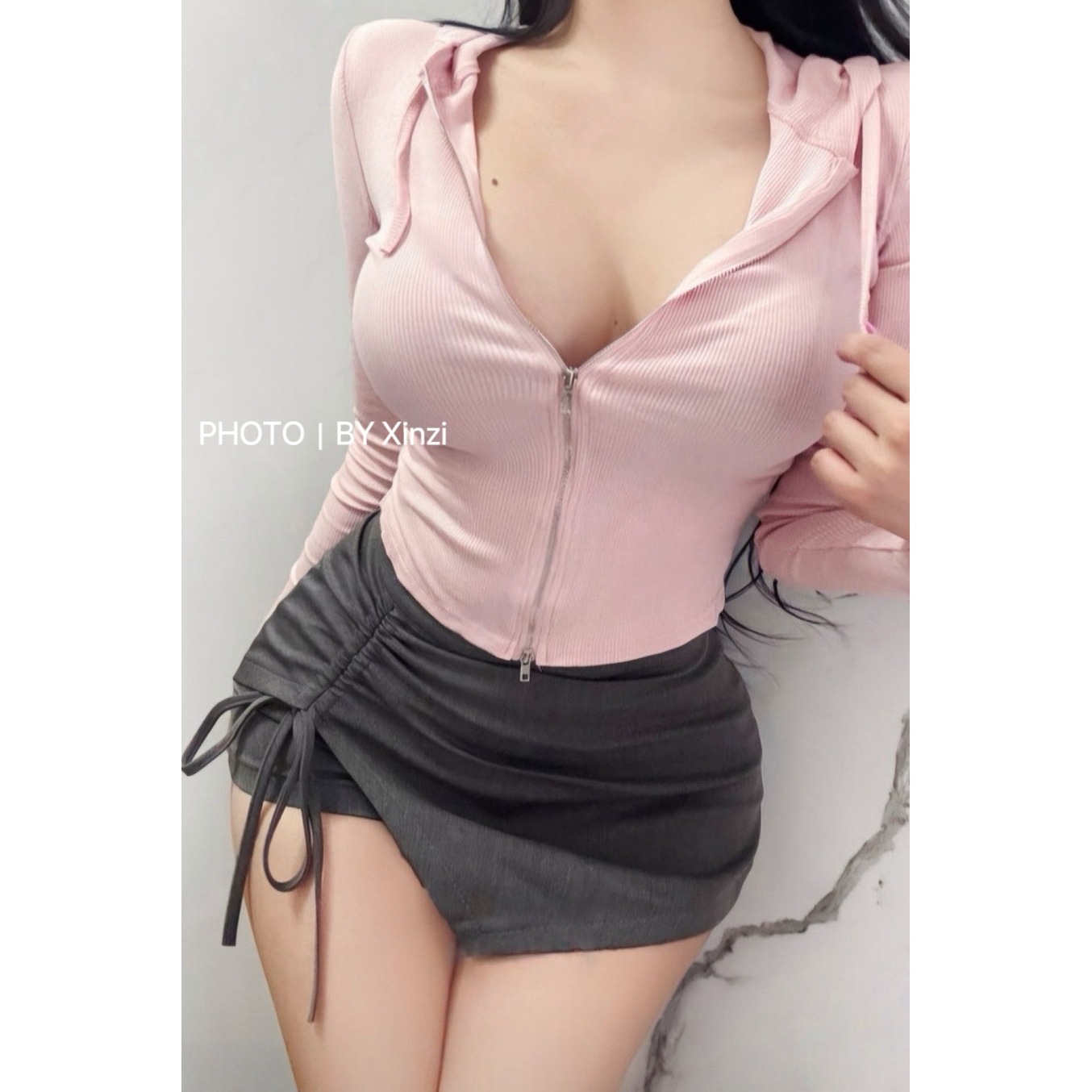 韩国代购纯欲风连帽拉链针织衫