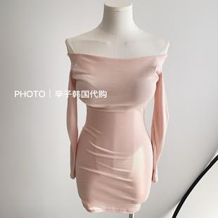 现货秒发 东大门一字领粉色温柔迷人中长开叉连衣裙 辛子韩国代购