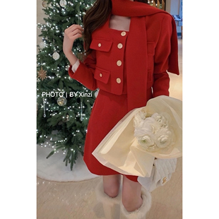 辛子韩国代购小香风红色金属纽扣外套连衣裙套装女千金风两件套