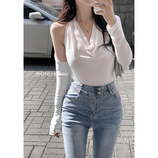 辛子韩国代购韩式挂脖荡领T恤女露肩修身短袖时尚设计感显瘦上衣