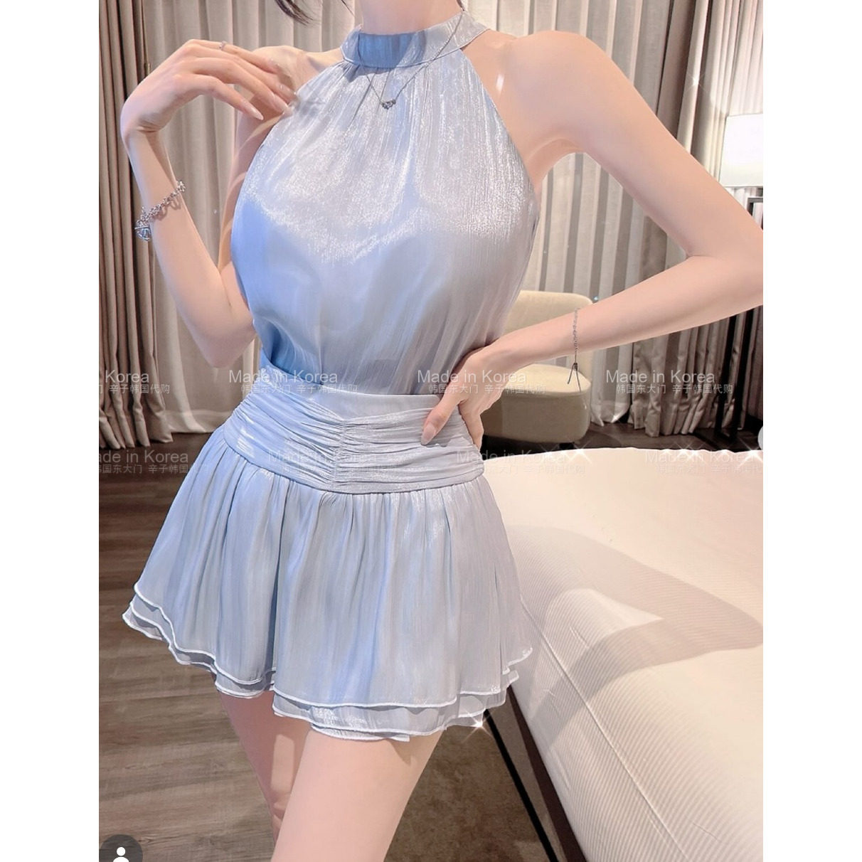 夏季纯欲辣妹挂脖吊带高腰短裙套