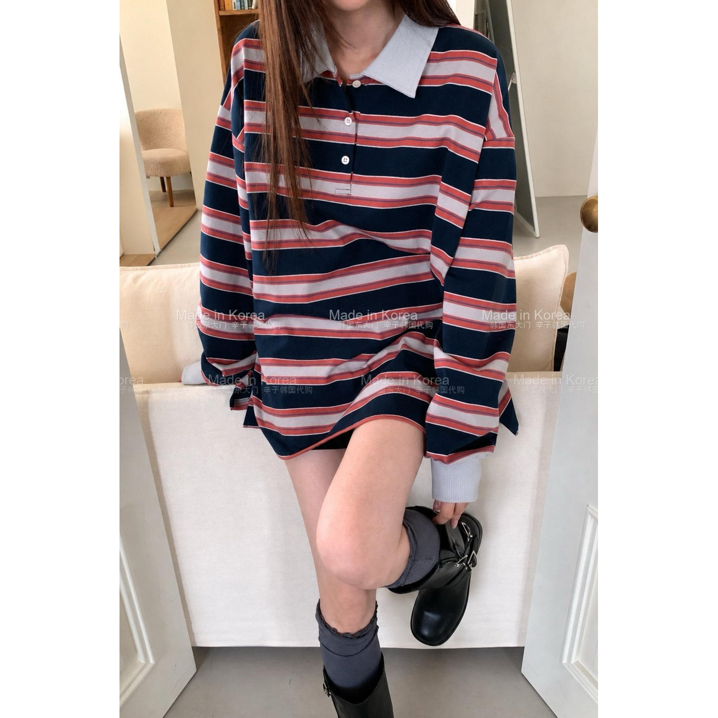 韩式条纹POLO领长袖T恤女显瘦